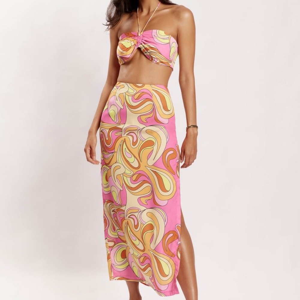 MESHKI Frankie Two Tone Set Maxi Skirt Pink and Yellow Swirl Bikini Set